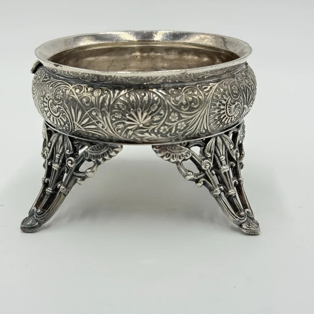 Antique Racine.SP. CO Silver Plate Salt Cellar Ornate Four Legs Rare 2.3”x 3.3”